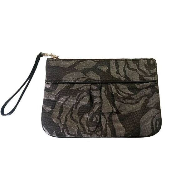 Express Black & Silver Abstract Floral Clutch Zip Pouch Purse Wristlet - Picture 1 of 8